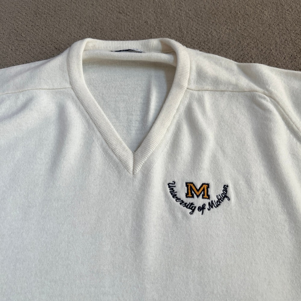 Vintage 1980s Etonic University of Michigan V-Neck Sweater White Mens XL